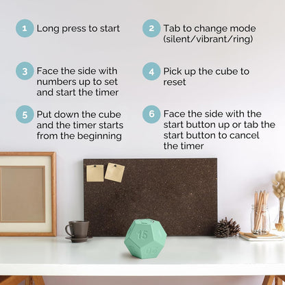 KADAMS Pomodoro Cube Timer Productivity-11 Preset Countdowns, Flip-to-Start Gravity Activation - Sound Vibrate Mute Rechargeable - Ideal for ADHD Kid Kitchen Classroom Cook Study Exercise - Green