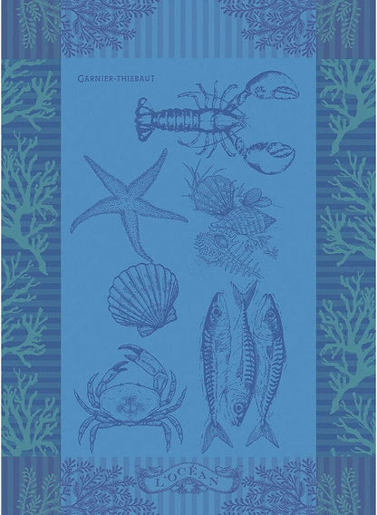Garnier Thiebaut L'Ocean Bleu (The Blue Ocean) French Kitchen Towel 22"x30", Cotton, Jacquard