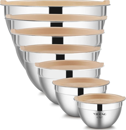 YIHONG 7 Piece Metal Mixing Bowls with Lids for Kitchen, Stainless Steel Set Ideal for Baking, Prepping, Cooking and Serving Food, Nesting Design for Space Saving Storage (Khaki)