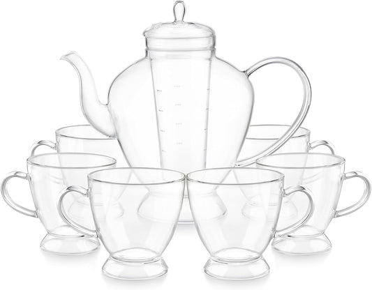 Teabloom Grand Bouquet Borosilicate Glass Tea Set for Six – Elegant 50oz Teapot with Microdot Infuser & Six 8oz Teacups – A Pure & Immersive Tea Experience – Tea Purist's Choice