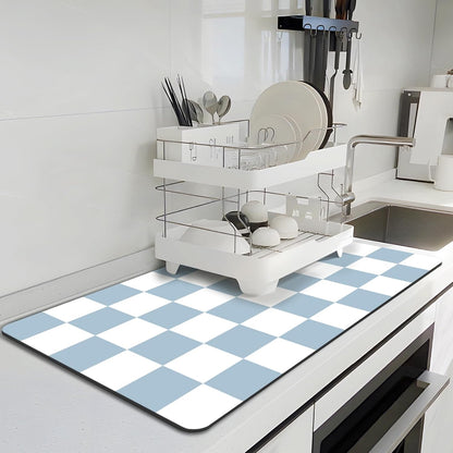 Dish Drying Mat for Kitchen, 15.7'' x 23.6'' Checkered Coffee Bar Mat for Countertops, Coffee Station Mat with Non-slip Rubber Backed, Absorbent Dish Dying Pat for Kitchen Counter, Blue & White