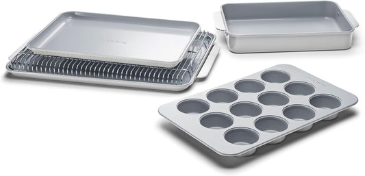 Caraway Nonstick Ceramic Bakeware Set (5 Pieces) - Baking Sheets, Assorted Baking Pans & Storage - Aluminized Steel Body - Non Toxic, PTFE & PFOA Free - Gray