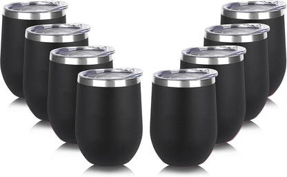 DOMICARE Stainless Steel Wine Tumbler Bulk with Lid, Personalized Insulated Tumblers Set, 12oz Travel Coffee Cups Pack of 8, Black