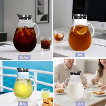 Glass Pitcher, 51 oz Glass Water Pitcher Jug Carafe, 0.4 Gallon Clear Tea Pitchers With Handle And Lid, Pitcher With Lid And Spout for Hot/Iced Water Milk Juice Coffee Fruit