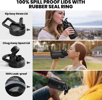 Insulated Water Bottle 64 oz, Triple Wall Vacuum Stainless Steel (Cold for 48 Hrs), Leak Proof & Non-BPA, Half Gallon Water Flask Jug with Paracord Handle & Straw Spout Lids, Magic Black