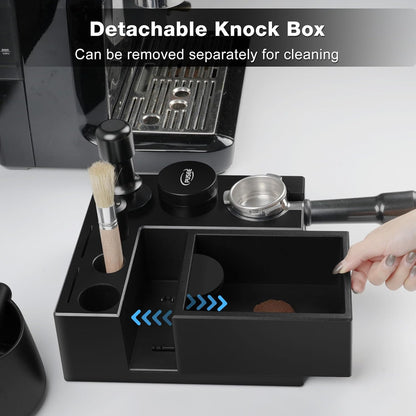 PUSEE Espresso Knock Box & Tamp Station, 9 in 1 Espresso Organizer, Fit 51,54,58MM Tamper, Distributor, Portafilter & Puck Screen Accessories, Detachable Knock Box