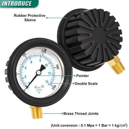 0-200PSI Stainless Steel Liquid Filled Pressure Gauge, 2.5" Dial Size, 1/4" NPT Lower Mount, with Rubber Protective Sleeve, for Tube, Water Pump, Gas, Liquid, Pressure Test
