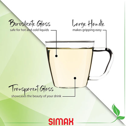 SIMAX Small Clear Glass Coffee Mug Set of 6 - 7 Ounce Heat Safe Borosilicate Tea Cups With Handles for Cappuccino