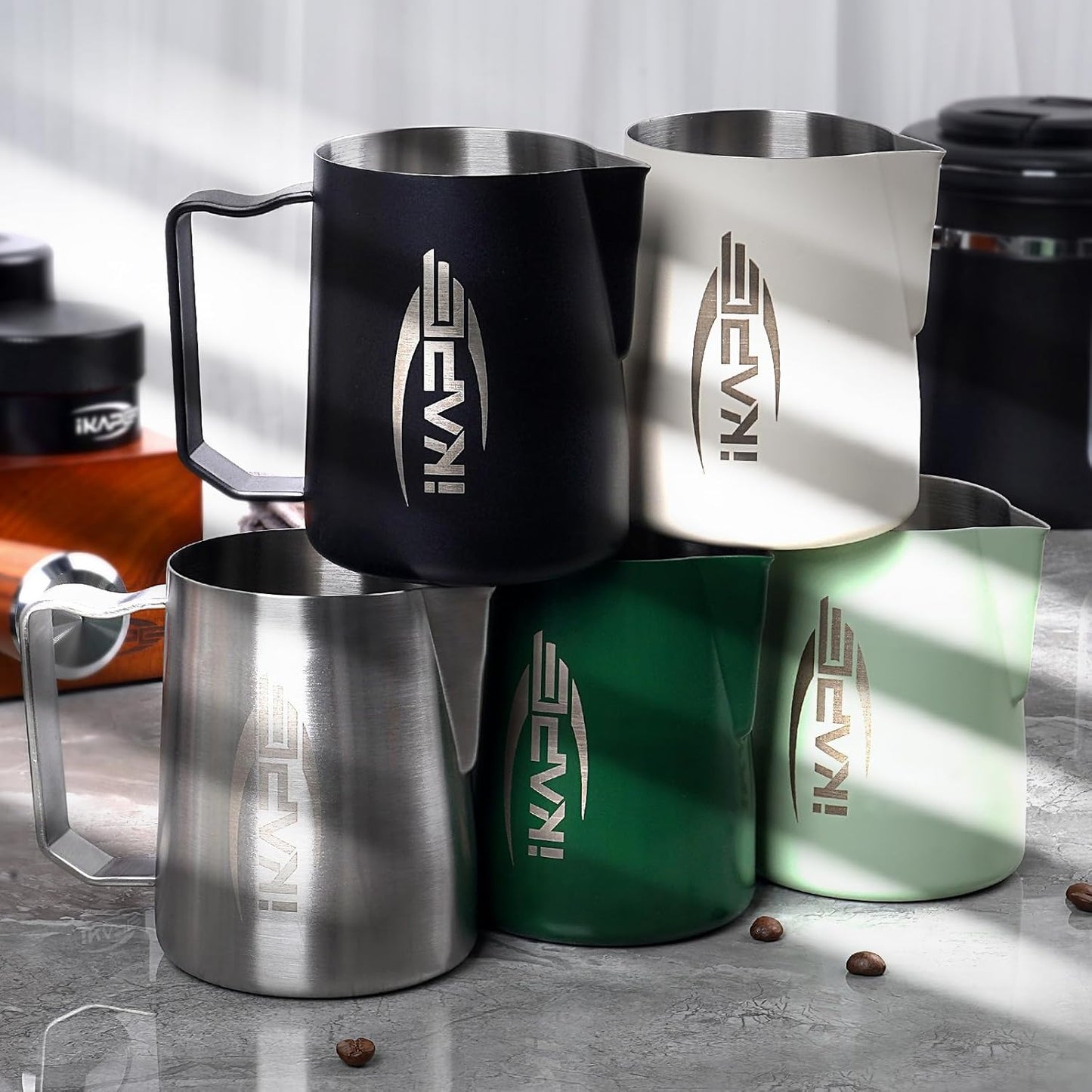 IKAPE Espresso Milk Pitcher, Espresso Steaming Pitcher with Sharp Spout for Espresso Barista Tool, 15.4 oz/450ml Milk Frothing Jug (Light Green)