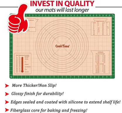 Silicone Pastry Baking Mat Non Stick-Large Rolling Dough with Measurements-Non Slip Pizza,Fondant,Pie,Cake Baking Mat - 26 x 16 Inch By Cook Time(Green)