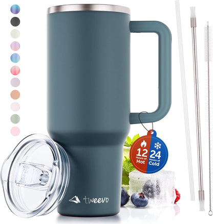 40 oz Tumbler With Handle and Straw Made of Stainless Steel - Double Wall Vacuum Insulated Tumbler With Lid - Sweat Proof Easy Grip, BPA-Free, Dishwasher Safe Tumbler (Charcoal)