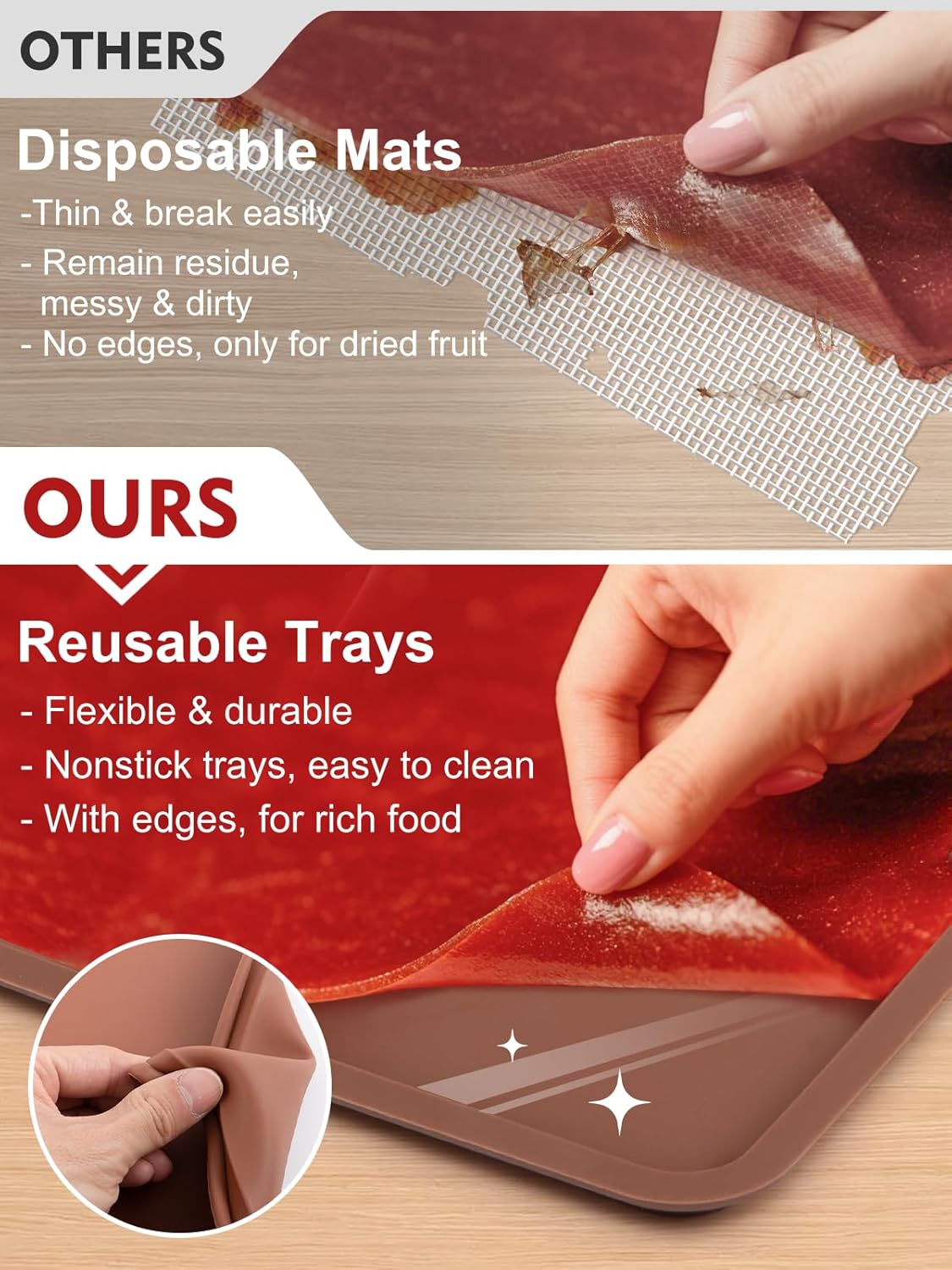 Aulock 6PCS Silicone Food Dehydrator Sheets with Edge, Compatible with Cosori 12" x 11" Trays, Square Non-stick Tray Liner, High Temperature Resistance Reusable Dryer Mats