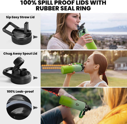 Insulated Water Bottle 40 oz, Triple Wall Vacuum Stainless Steel (Cold for 48 Hrs), Leak Proof & Non-BPA, Modern Water Flask Jug with Paracord Handle & Straw Spout Lids, Ombre Green