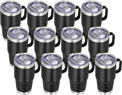 VEGOND 20 oz Tumbler Bulk with Handle Lid and Straw, Stainless Steel Insulated Travel Coffee Mug Set, Spill Proof Double Wall Metal Tumblers Cups, Powder Black 12 Pack