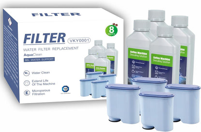 AquaClean Compatible Water Filters (4-Pack) & Descaling Liquid (250ml x 4) - Replacement for Philips Coffee Machines (8)