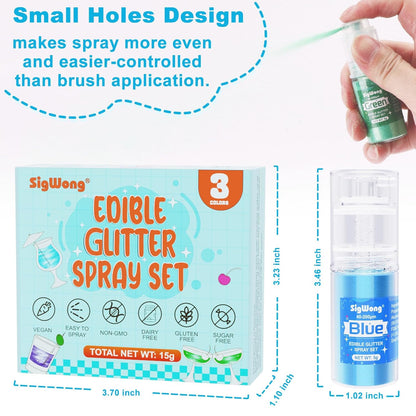 Edible Glitter Spray Set - 3 Color 100% Edible Glitter for Cakes, Cupcakes, Cake Pops, Drinks, Chocolate, Strawberries, Cookies, Food Grade Coloring Glitter, Blue, Purple, Green (5g/Bottle)