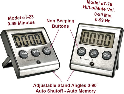 Elegant Digital Kitchen Timer - Stainless Steel Model eT-23, Super Strong Magnetic Back, Loud Alarm, Large Display, Auto Memory, Auto Shut-Off by eTradewinds