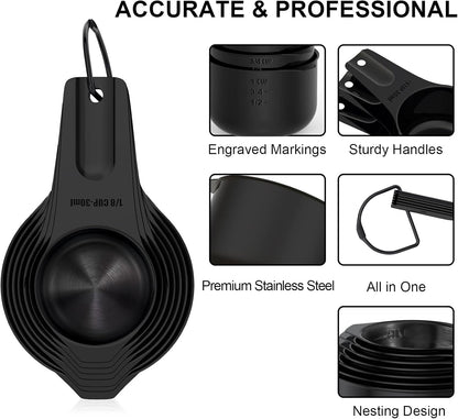 Stainless Steel Measuring Cups, Wildone Metal Measuring Cups Set with Easy to Read Markings for Measuring Dry or Liquid Ingredients, Set of 7 (Black)