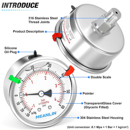 MEANLIN MEASURE -30inHG~60Psi Vacuum Pressure Gauge 316 Stainless Steel Joint 1/4" NPT 2.5" FACE DIAL, Stainless Steel Liquid Filled Pressure Gauge WOG Water Oil Air Back Mount, 2PCS Snaps
