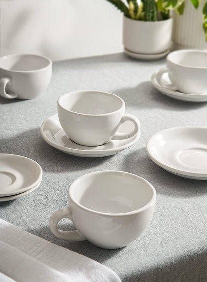 LE TAUCI 8 oz Cappuccino Cups with Saucers,Ceramic Large Coffee Cup for Au Lait, Double shot, Latte, Cafe Mocha, Tea - Set of 4, White