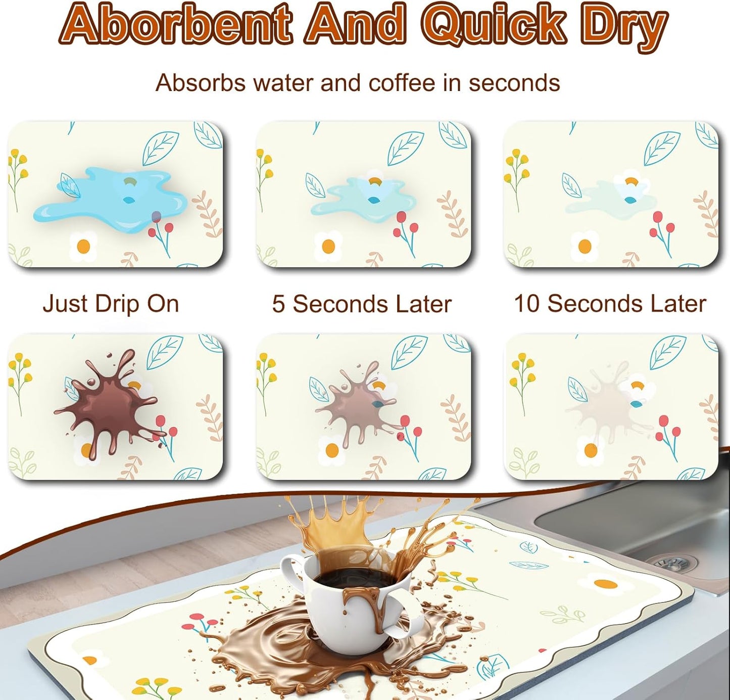 Dish Drying Mat for Kitchen Counter, 12" X 20" Absorbent Coffee Maker Mat for Countertops, Easy to Clean Kitchen Drying Matt Rubber Backing for Coffee Espresso Machine Dish Rack Pad, Cute Flower