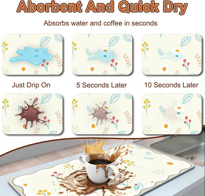 Dish Drying Mat for Kitchen Counter, 12" X 20" Absorbent Coffee Maker Mat for Countertops, Easy to Clean Kitchen Drying Matt Rubber Backing for Coffee Espresso Machine Dish Rack Pad, Cute Flower