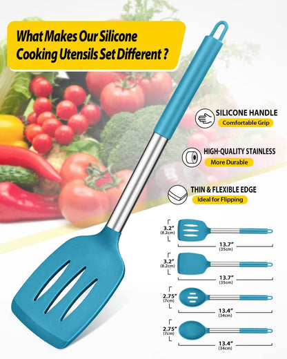 Pack of 4 Silicone Cooking Utensils Set, Non Stick Large Solid Spatulas, Heat Resistant Blue Slotted Spoons, Ideal BPA Free Kitchen Turners for Frying, Mixing,Serving,Draining,Turning,Stirring