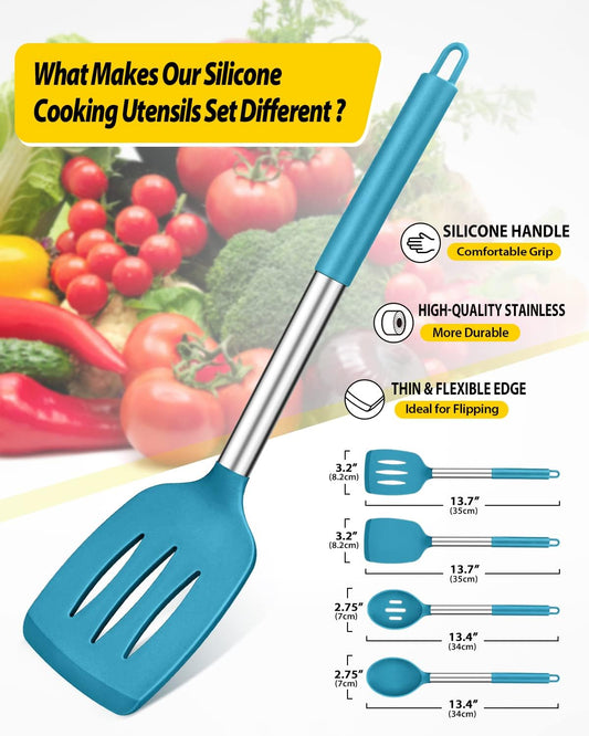 Pack of 4 Silicone Cooking Utensils Set, Non Stick Large Solid Spatulas, Heat Resistant Blue Slotted Spoons, Ideal BPA Free Kitchen Turners for Frying, Mixing,Serving,Draining,Turning,Stirring