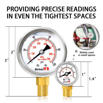1-Inch Mini Pressure Gauge, 0-60 PSI / 0-400 kPa, Dual-Scale Dial, 1/8” NPT Bottom Mount, Stainless Steel Gauge for Coffee Machines, Motorboats, Water Pumps, and Pneumatic Tools