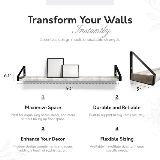 InPlace Shelving, Wall Mounted Real Solid Wood Rustic Bracket Ledge, 5" D x 60" W x 6.1"H, Distressed White, 9602101E