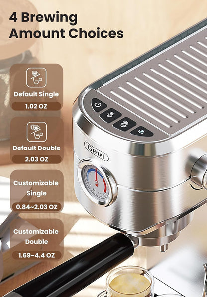 Gevi Commercial Espresso and Coffee Makers, Professional 20 Bar Espresso Maker with Milk Frother, Stainless Steel Expresso Coffee Machines for Home, Compact Cappuccino Machine, Great Gift