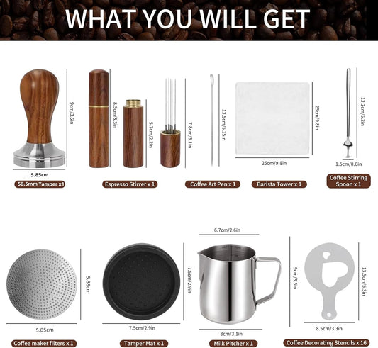 58.5mm,Espresso Accessories Kit, 24PCS Coffee Tamper Set ， Barista Kit, WDT Tool,stainlesss Frothing Pitcher, Stirrer, Tamper Mat, Latte Art Pen ， Coffee puck screen