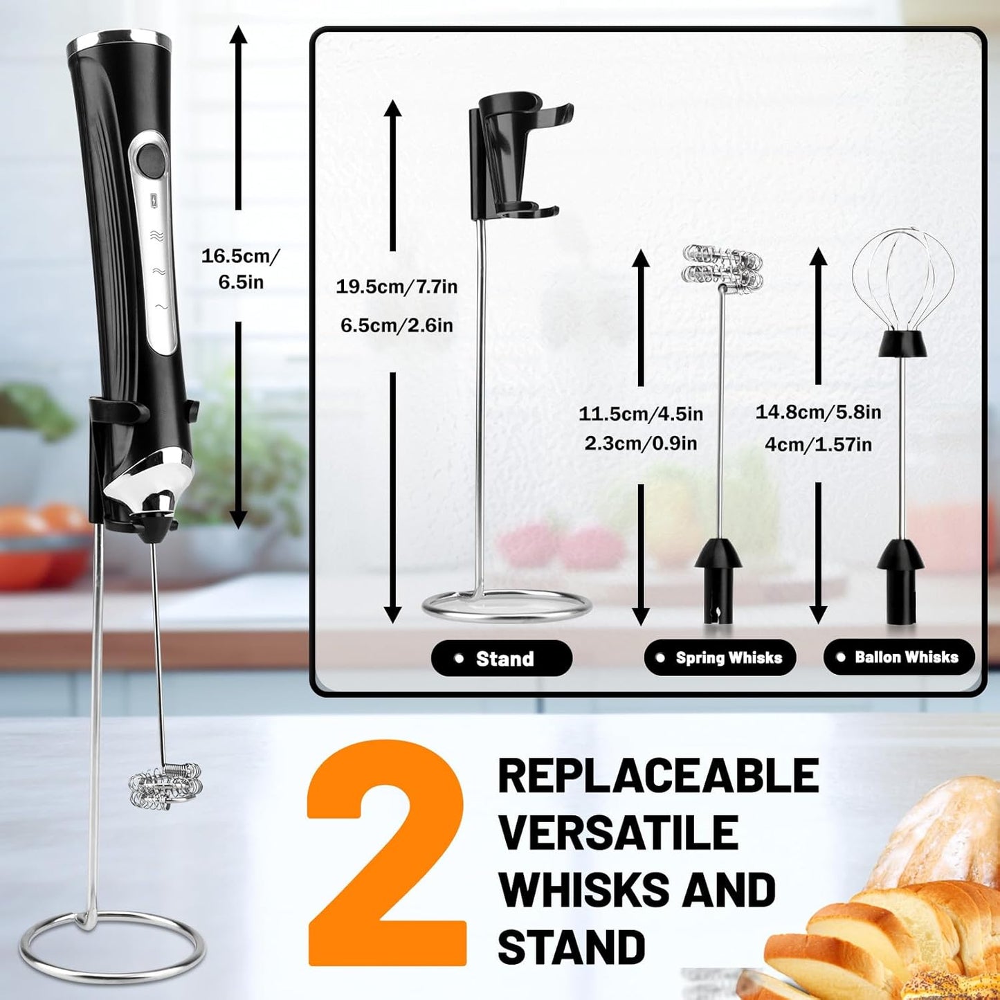 TonJin Milk Frother USB C Rechargeable New Upgraded Handheld Frother Wand with 2 304 Stainless Whisks 1 Stand, 3 Speeds Electric Coffee Whisk Frother for Lattes, Cappuccino, Egg, Matcha, Black