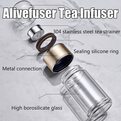 Tryteava Glass Infuser, Tryteava 3-in-1 Smart Tea Infuser, Portable Glass Double Wall Tea Infusers Bottle, with Stainless Steel Filter, Hot & Cold Brew, For Loose Leaf, Office Home (Black, 420ml)