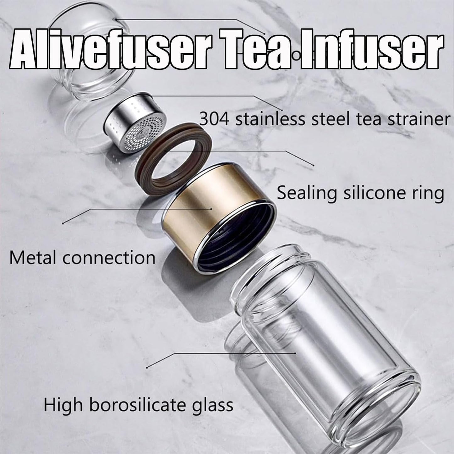 Tryteava Glass Infuser, Tryteava 3-in-1 Smart Tea Infuser, Portable Glass Double Wall Tea Infusers Bottle, with Stainless Steel Filter, Hot & Cold Brew, For Loose Leaf, Office Home (Silver, 280ml)