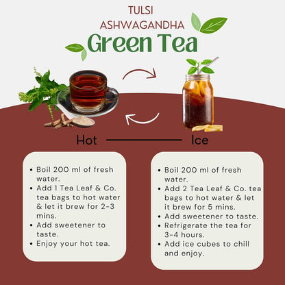 Tulsi Ashwagandha Green Tea Bags (50 Count), Green Tea with Tulsi, Ashwagandha, Lemongrass and Black Pepper, Caffeinated, Real and Natural Green Tea, Blended with Fresh Herbs and Spices, Gluten Free