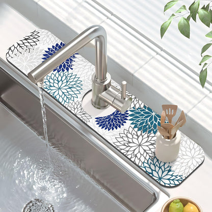 Findosom 2PCS 17" x 32" Dish Drying Mat & 24" x 5.5" Sink Splash Guard, Super Absorbent & Cuttable Dish Mat Drying Kitchen Mat with Blue Floral, Hide Stain Drying Mat for Kitchen Counter
