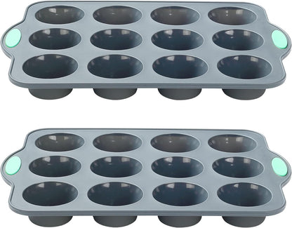 To encounter Small Silicone Muffin Pan, 2 Pack 12-Cup, Nonstick Baking Cups, Cupcake Pan with Metal Reinforced Frame More Strength