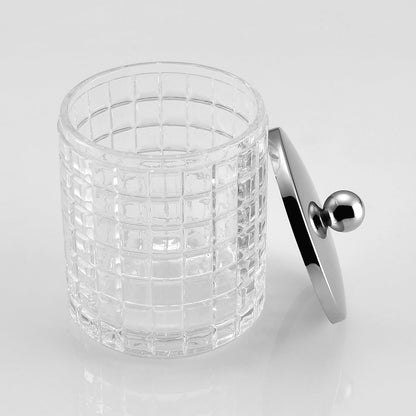 Glass Cotton Jar Holder Silver Lid, Elegant Bathroom Storage Canister for Qtips, Cotton Balls, Floss, Makeup Organizer, Vanity Bathroom Organization