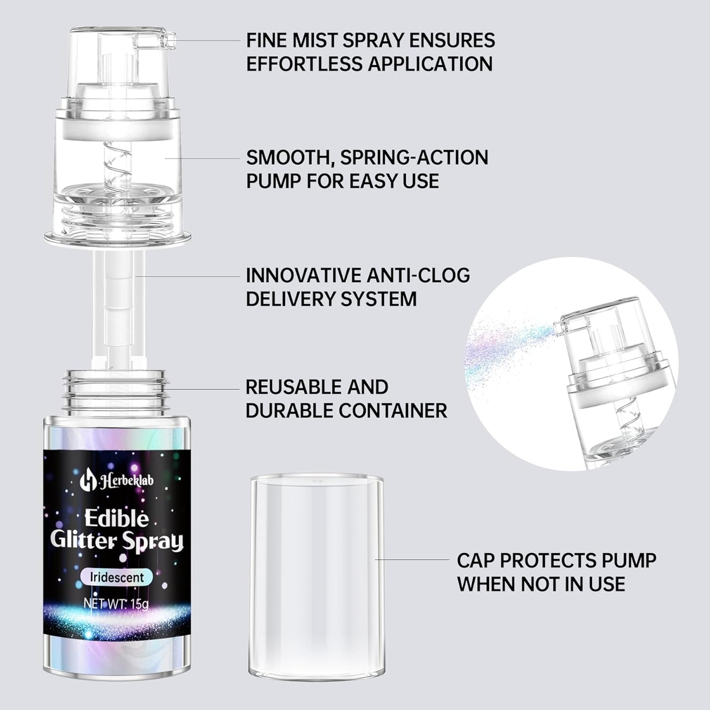 Iridescent Edible Glitter Spray - 15g Herbeklab Edible Iridescent Glitter for Cakes Food Grade Rainbow Cake Spray for Chocolate Strawberry Cookie