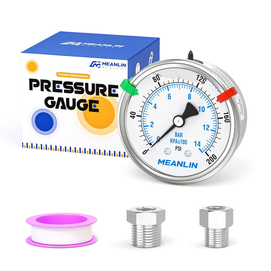 MEANLIN MEASURE 0~200Psi Stainless Steel Liquid Filled Pressure Gauge 2.5" FACE DIAL 1/4" NPT for Air Compressor Air Regulator Water Filter Back Mount with Stainless Steel Hex Bushing and Snaps