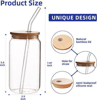 4pcs Set-16oz, Glass Cups with Bamboo Lids and Glass Straw - Beer Can Shaped,CuteTumbler Cup,Soda,deal for Cocktail,Iced Coffee Cups,4 Cleaning Brushes