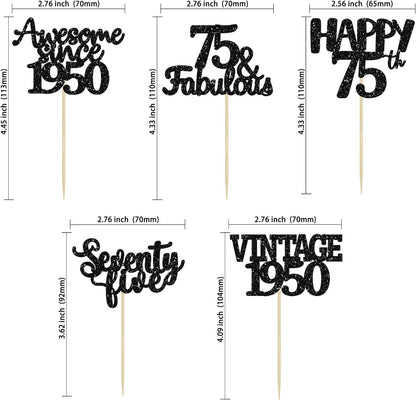Gyufise 30 Pack black Glitter 75th Birthday Cupcake Toppers Vintage 1950 Cake Toppers Hello 75 Cake Topper Sixty Five 75 & Fabulous Cupcake Picks 75th Birthday Cake Decorations Supplies
