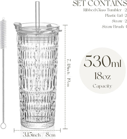 KEMORELA 18oz Glass Tumbler Set of 2 with Straw and Lid – Durable, Leak-Proof, Wide-Mouth Design – Perfect for Iced Beverages, Smoothies, and Daily Hydration Needs