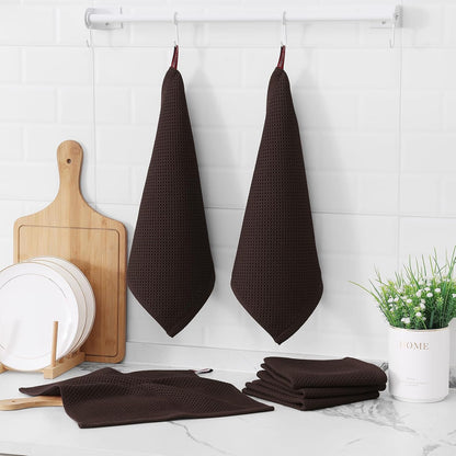Kitinjoy 100% Cotton Kitchen Dish Cloths, 8 Pack Waffle Weave Ultra Soft Absorbent Dish Towels for Drying Dishes Quick Drying Kitchen Towels Dish Rags, 12 X 12 Inches, Dark Brown