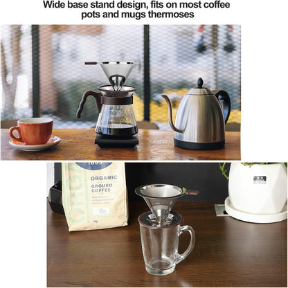 Pour Over Coffee Dripper, Reusable Paperless Coffee Filter,Professional Stainless Steel Drip Cone Brew Coffee Strainer,Upgraded Double Micro Mesh Filter with Cup Stand,1-4 Cup