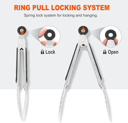 Anaeat Stainless Steel Locking Tong Set of 3 - Premium 7, 9 and 12 inch Kitchen Food Tongs with Non-Slip Silicone Tips and Grip for Serving, Cooking, Baking and BBQ - Heavy Duty & Heat Resistant