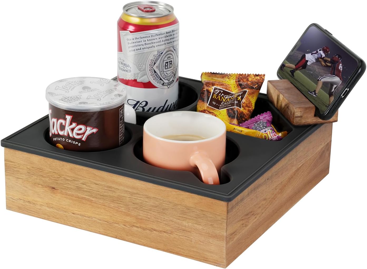 Couch Cup Holder Tray, Soft Food Grade Silicone Acacia Wooden Couch Caddy for Bed Car Seat Beach Organizer, Waterproof Anti-Spill Couch Drink Holder for Snacks Beverage Remote (Black)
