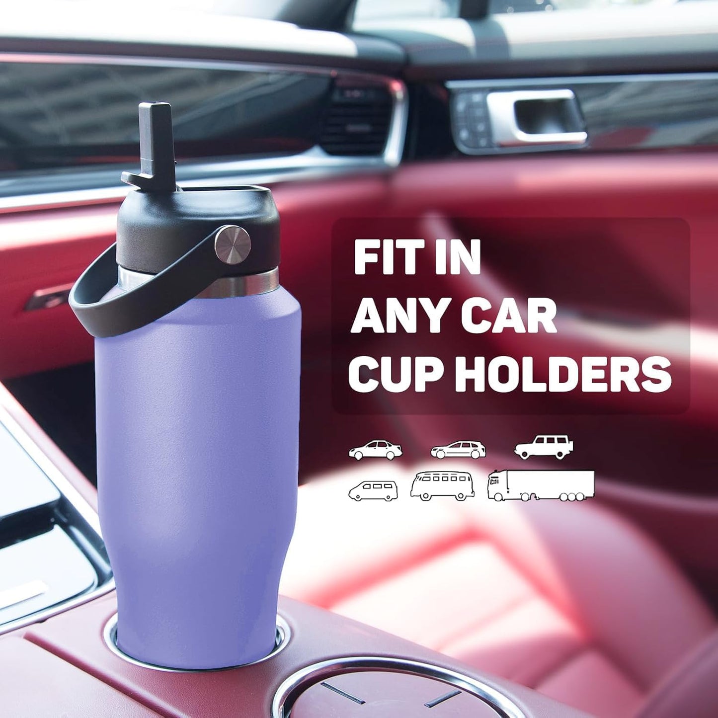 32oz Black Water Bottle Stainless Steel, Keep Cold 24H&Hot 12H, Water Bottle with Straw&Spout Lids, Insulated Water Bottle Double Wall Vacuum, Fit in Any Car Cup Holder, Leak-proof BPA Free