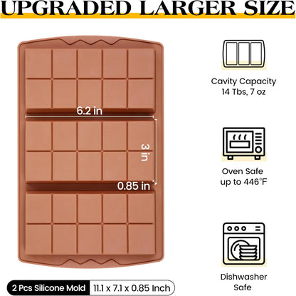 2 Pcs Dubai Chocolate Bar Mold Deep Stuffed Silicone Molds for Filling Knafeh Pistachio Chocolate Bar Large Thick Candy Bar Molds Break Apart (10 Snap）